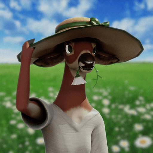 A textured and animated anthropomorphic doe, with garden shears and a sun hat