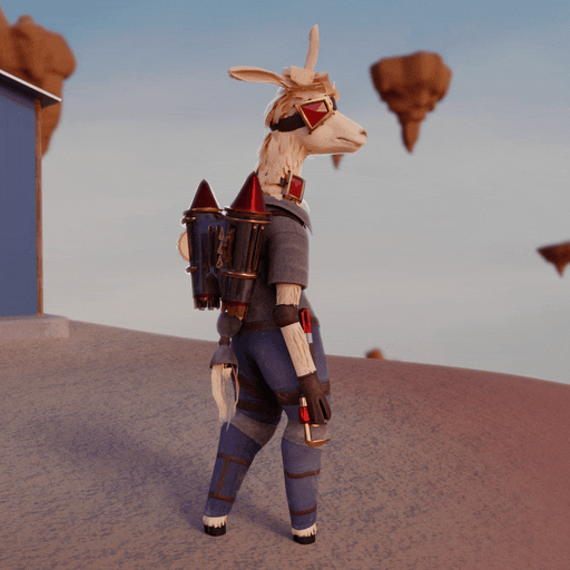 A short animation of an anthropomorphic llama, equipped with a jetpack and standing in an abyss of floating islands.
